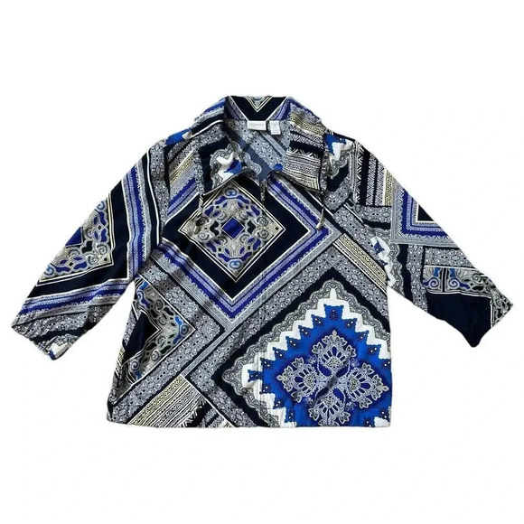 Zenergy by Chico's Full Zip 3/4 Sleeve Jacket Size 1 Blue Black Geometric Design - Picture 1 of 7